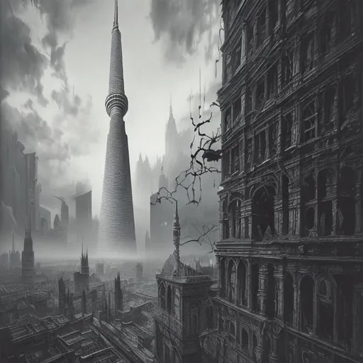 Prompt: monochrome, H.R. Geiger, beksinski, sky scraper tower, football arena, gothic