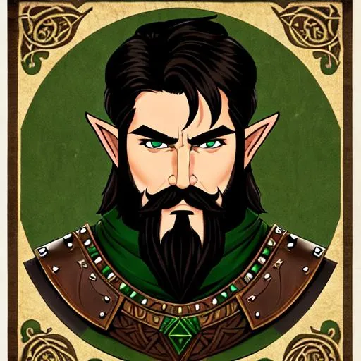 Prompt: A Elf wearing a brown and green viking/Ancient Persian style studded leather armor. short black hair, long mustache, green eyes. drawn as a medieval style wanted poster.