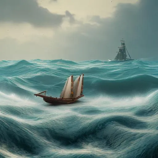 wooden ship struggling with huge waves in the open o... | OpenArt