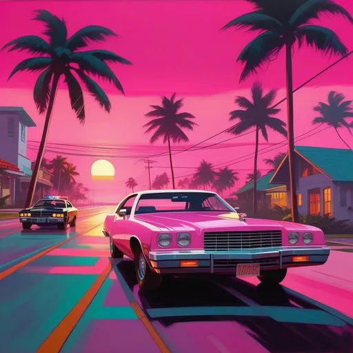 Prompt: GTA Vice City, car chase, cops, cartoony, pink atmosphere, extremely detailed painting by Greg Rutkowski and by Henry Justice Ford and by Steve Henderson