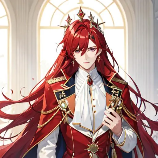 Prompt: Zerif 1male (Red side-swept hair covering his right eye) wearing a royal suit, white shawl, 