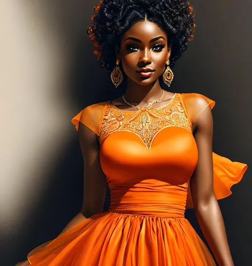 Prompt: a beautiful ebony woman wearing a see-through [orange] dress, in the style of ckknightphoto, detailed character design, digital airbrushing, white and light aquamarine, 8k resolution, intricate lines, rococo whimsy, glowing colors, award winning photography, photorealistic