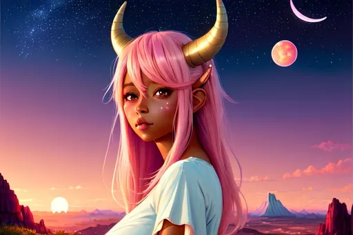 Prompt: woman, tan skin tone, aesthetic, pastel, beautiful, pink hair, small horns, painting,beautiful eyes, soft, art, RPG, sweet, high res, , illustration, sunset, moons,stars, mountains, wonderland, realistic