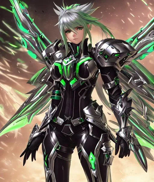 Prompt: , female, long silver and green glowing hair, wearing black gloves, green and silver scifi armor, V1 ULTRAKILL wings, Xenoblade 2 , conceptart 