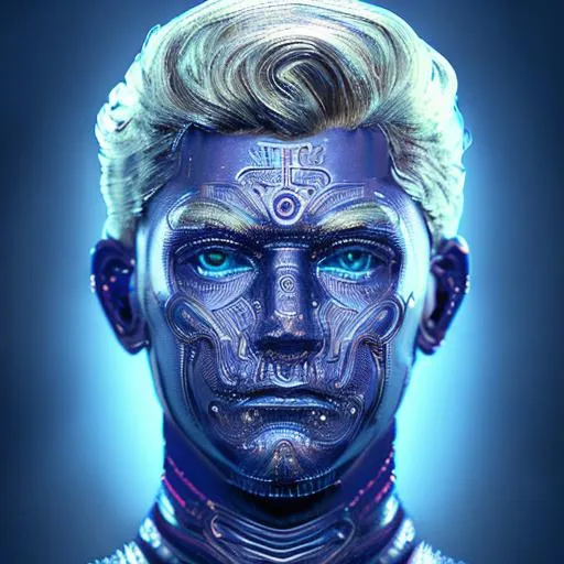 Prompt: intricate Art deco metal boy portrait, sparkling blue eyes, blonde hair, metal, color, dimples, ornate, intricate, flowing, neon, led, fractals, hyper-detailed, 64K, UHD, HDR, unreal engine, vivid colors