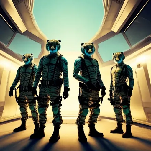 Prompt: tiger security guards in a busy alien bank vault interior, widescreen, infinity vanishing point, surprise me