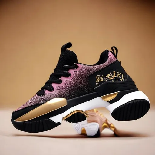 Prompt: A modern sports shoe inspired by the ancient Egyptian civilization ( old Egyptian writing) , women shoes pink