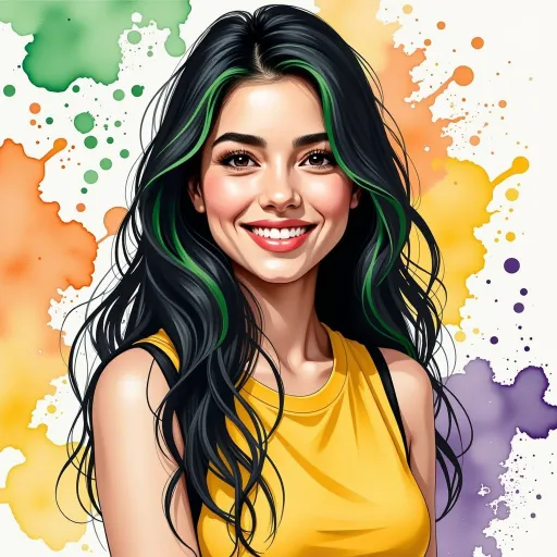 Prompt: This is a digitally created, vibrant, and colorful portrait of a smiling woman. The style is reminiscent of modern digital illustration with a slight comic book influence. The woman has long, wavy black hair with striking green highlights, which add a dynamic contrast to her dark hair. Her skin is fair, and she has well-defined eyebrows and brown eyes that are looking directly at the viewer, giving a sense of approachability and warmth. She is wearing a bright yellow sleeveless top that contrasts with her dark hair and the colorful background. 

The background is white, but it is splattered with vibrant paint splashes in green, orange, purple, and yellow, which add an energetic and artistic feel to the image. These splashes are irregular and seem to be randomly placed, enhancing the playful and creative vibe of the portrait. The woman's expression is friendly and confident, with a broad smile that shows her teeth. The overall composition is balanced, with the woman's face and upper body occupying the central portion of the image, while the colorful splashes provide a lively and engaging backdrop. The image is detailed, with smooth lines and a polished finish, characteristic of digital art.