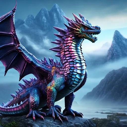 Prompt: Hatchling crystal dragon, big mountains in foggy background, hyperrealistic, hyperdetailed, vibrant colors, 4k, fantasy