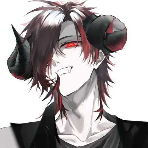 Prompt: Zerif 1male (Red side-swept hair covering his right eye). demon horns