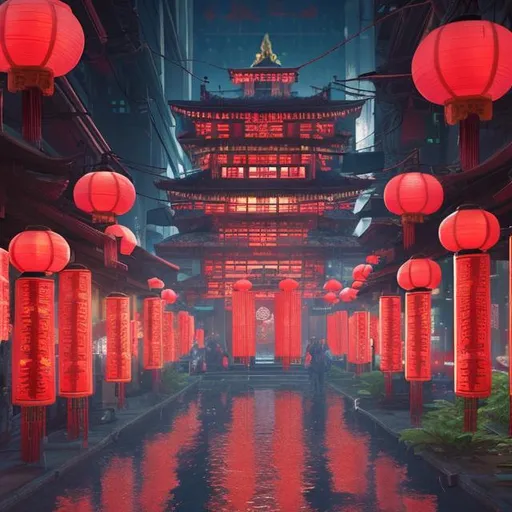 Prompt: (Hyper realistic) a cyberpunk style  Buddhist temple with red lanterns in cyberpunk city (cyberpunk style) water colour