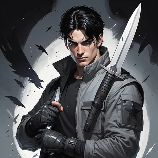 Prompt: An mature lithe male youth with icy white eyes, pale skin, raven-black hair, dressed in gray space overall, holding a combat knife, comic illustration, deathly pallor