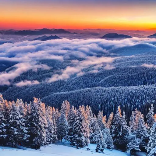 Prompt: snowy mountain range, pine trees, sun rise, fluffy clouds, view from the top of a mountain