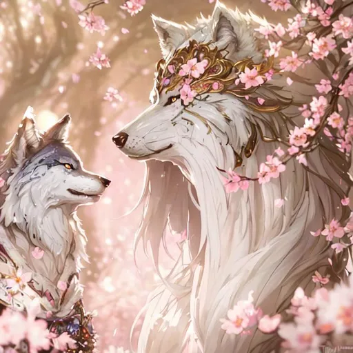 Prompt: Fully Clothed Portrait of alluring fantasy (wolf goddess in spring) in photorealistic quality in magical environment, furry tail, cherry blossoms; highly stylized face and tail portrait fantastically intricate detailed extremely complex art masterpiece by Thomas Kinkade by Ismail Inceoglu trending on Instagram HARDWARE Photographic Art Direction WLOP 5 realistic body centered, anime Character Design, Unreal Engine, Beautiful, Tumblr Aesthetic,  Hd Photography, Hyperrealism, Beautiful Watercolor Painting, Realistic, Detailed, Painting By Olga Shvartsur, Svetlana Novikova, Fine Art