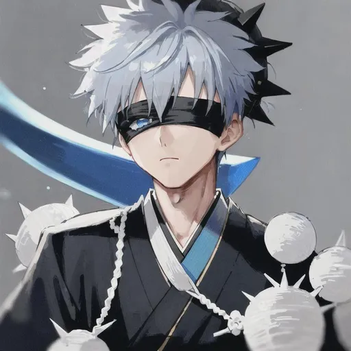 1boy, white spiky hair, blindfold, blue bloomy eyes