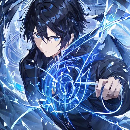 Prompt: Concept art of a character, cold boy, black hair, dark blue eyes, dark blue jacket, large black wings, glowing opal, large spiral tide effect, irrisdent, ultra detailed, antagonist, high quality, anime style, character design