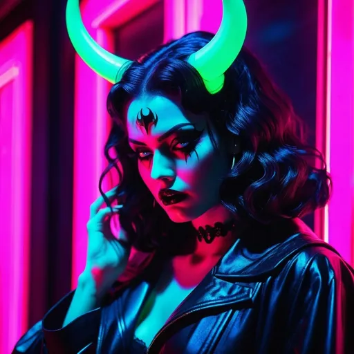 Prompt: demon, hell, demonic, gothic, vaporwave, retro, neon, aesthetic, liminal, high quality, high definition, beautiful, dramatic lighting