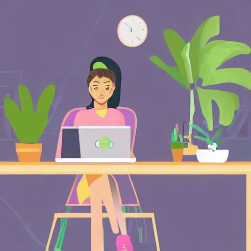 Prompt: Vector illustration of female  student sitting at her desk in front of a laptop and writing an application for a study abroad program. She looks excited, the room is bright and decorated in a soft pastel color palette with many plants andwith a world map on the wall in the background