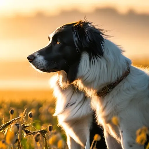 Prompt: A golden border collie dog sitting the corn field looking out with a girl in styles of Shinkai Makoto, high definition, cinematic view, poster, vivid colour. 