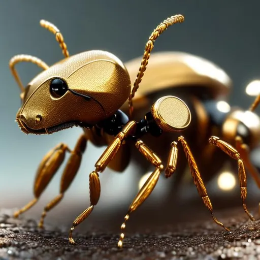 Prompt: 4k, hyperrealistic, 3d, detailed, gold mecha,  image of an ant 