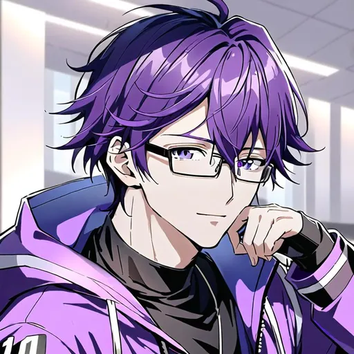 Prompt: HD, 4K, UHD, WhatsApp Profile Picture, 1:1, handsome anime guy with glasses, purple hair, cyberpunk style, The background Plain white walls.