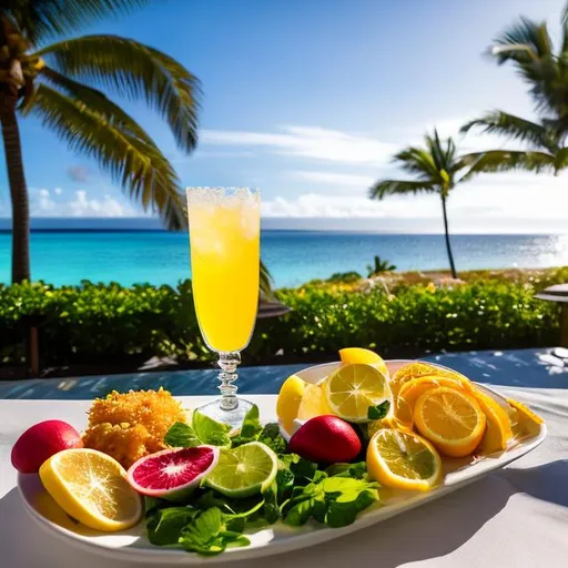 Prompt: "Generate an image of a scene at a tropical beach resort. The table should prominently feature a glass of exceptionally refreshing and sparkling lemon juice made from bright green Tahiti lemons with ice cubes. Include a separate plate with beautifully presented breaded shrimp. Additionally, showcase a glass serving dish filled with a vibrant and inviting tropical fruit salad, all radiating a sense of beauty, shine, and the inviting atmosphere of a beachside summer vacation."
ultra hd, realistic, vivid colors, highly detailed, UHD drawing, pen and ink, perfect composition, beautiful detailed intricate insanely detailed octane render trending on artstation, 8k artistic photography, photorealistic concept art, soft natural volumetric cinematic perfect light