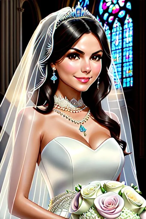 Prompt: Victoria Justice | Wedding Dress | veil, Average Body, Happy face, church background, bridal bouquet, ultra-fine details, ambient lighting, soft glow, elegant, symmetrical facial features, accurate anatomy, anatomically correct Girl, sharp focus, fantasy cgi still, Artgerm, taken on nikon d750, scenic, gossamer, iridescent, ethereal, ultra realistic, sharp details, subsurface scattering, intricate details, warm lighting, beautiful features, highly detailed, photorealistic, octane render