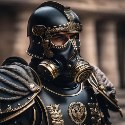 Prompt: A modern roman military male in black military armor galea helmet of roman armor, and gas mask, background military base, Hyperrealistic, sharp focus, Professional, UHD, HDR, 8K, Render, electronic, dramatic, vivid, pressure, stress, nervous vibe, loud, tension, traumatic, dark, cataclysmic, violent, fighting, Epic