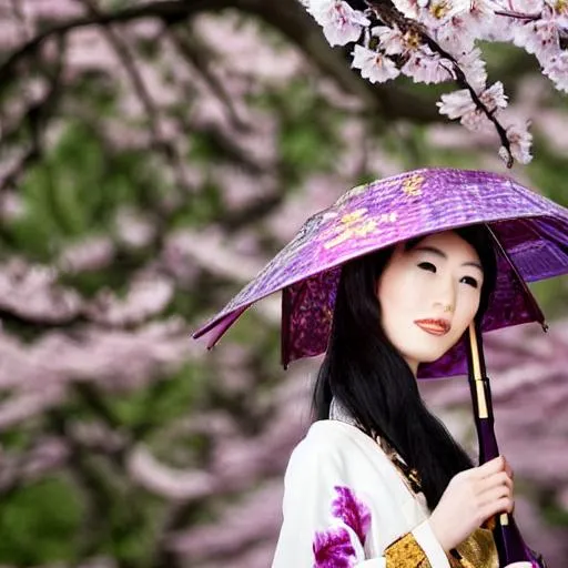 Prompt: A beautiful Japanese woman dressed in purple and turquoise standing in cherry blossoms holding an umbrella trimmed in gold 