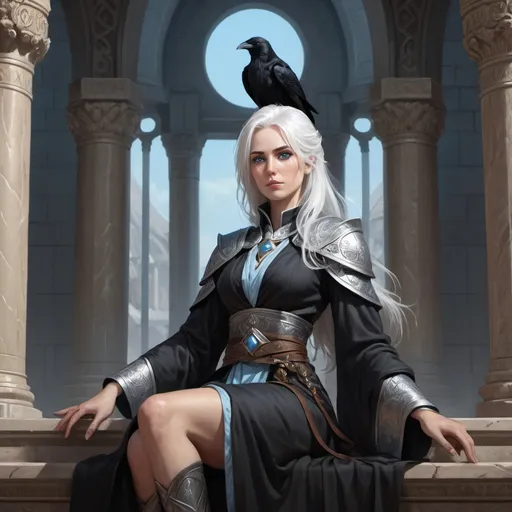 Prompt: Full body, Fantasy illustration of a female cleric, 30 years old, slim, elegant black robe, extrem pallid, white hair, light blue eyes, obsessed expression, raven sitting nearby, high quality, rpg-fantasy, detailed, roman style fantasy temple background