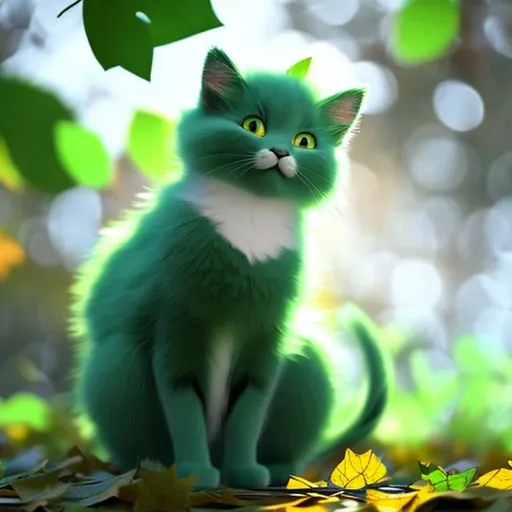 Prompt: Cute, green, plant fur, cat made of leaves, possessing the element of life and making large floating circles of leafs and sticks move around in the air in a magical way. Perfect features, extremely detailed, realistic, complimentary colors, green wispy aura in background, realistic cat