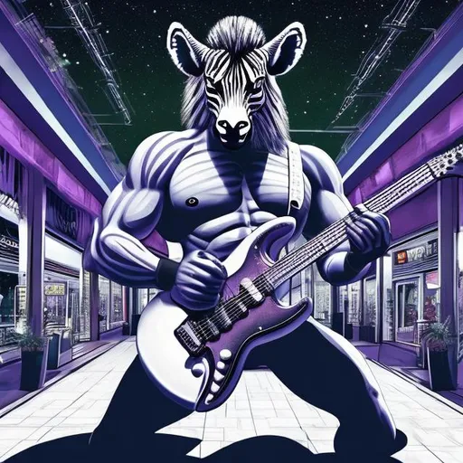 Prompt: Bodybuilding Zebra playing guitar for tips in a busy alien mall, widescreen, infinity vanishing point, galaxy background