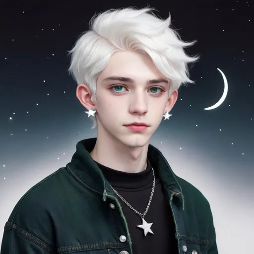 Prompt: A 19 year old boy with elf ears, pale skin, fluffy short white hair, dark blue eyes, star and moon earrings, spandex black turtleneck, dark green denim jacket, necklace with white crystal attached, wearing black baggy jeans.