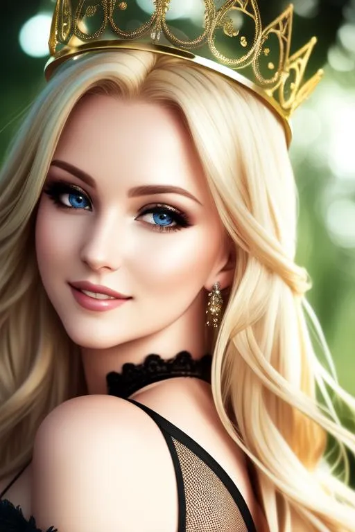 Prompt: cinematic shot of gorgeous blonde lady(divine look, beautiful eyes, detailed face, smiling) wearing mesh clothes with laces, soft light on face, wearing a crown, in forest, hair with swirls, eye contact, realistic
