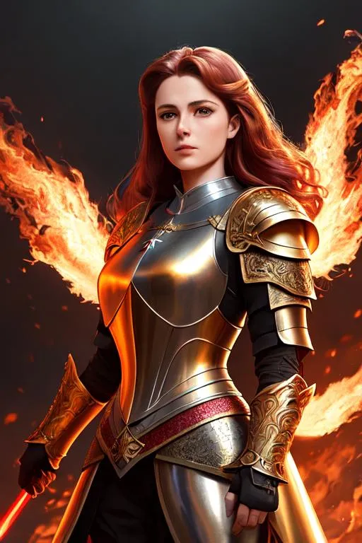 Prompt: Joan of Arc, very long shot of one woman, beautiful face, small chest, three quarter angle figure, wearing full body highly ornate bronze tinted armour, dark red hair, hyper realistic masterpiece, sharp focus with blurred fiery background, digital painting, clean art, professional, contrast color, contrast, colorful, rich deep color, cinematic lighting, dynamic light, deliberate, highly contrast light, hyper detailed, super detailed, ultra realistic, UHD, HDR, 64K, Octane Render
