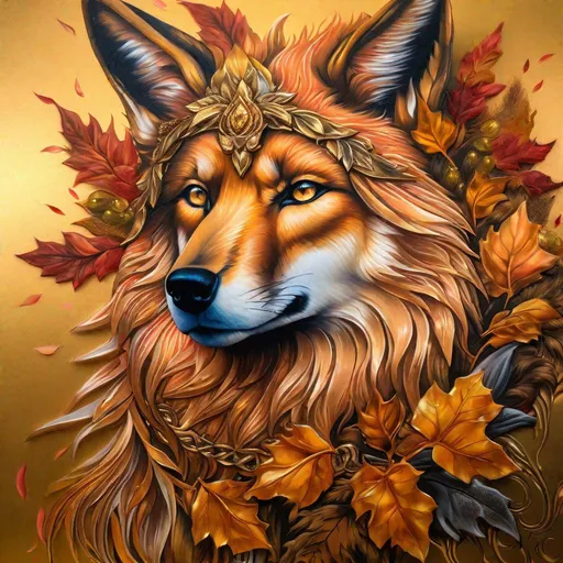 Prompt: Full body, fine charcoal on canvas, fantasy art, insanely beautiful portrait of a brawny rugged fox-wolf hybrid, UHD, HDR , 8k eyes, detailed face, big anime intense eyes, Game of Thrones, wearing wreath of golden leaves, thick rose-gold fur, intricate details, insanely detailed, masterpiece, cinematic lighting, hyper realistic, hyper realistic fur, 8k, complementary colors, insanely beautiful and detailed mountain peak castle, golden ratio, high octane render, volumetric lighting, glaring, growling, wise, depth, highly detailed intense shading, unreal 5, concept art, artstation, top model, sunlight on hair, sparkling gold jewels on crest, intricate hyper detailed breathtaking colorful glamorous scenic view landscape, ultra-fine details, hyper-focused, deep colors, intense colors, dramatic lighting, ambient lighting, by sakimi chan, artgerm, wlop, pixiv, tumblr, instagram, deviantart