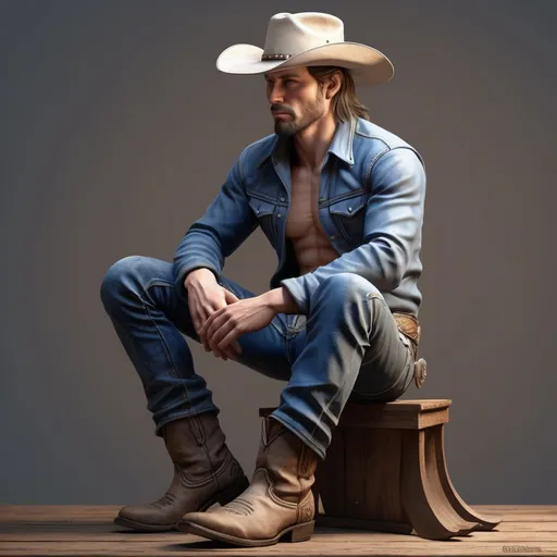 Prompt: Cowboy Makes His Blue Jeans Talk, beautiful face, perfect hands, western boots, facing away from viewer, trending on artstation, sharp focus, studio photo, intricate details, highly detailed, by greg rutkowski 