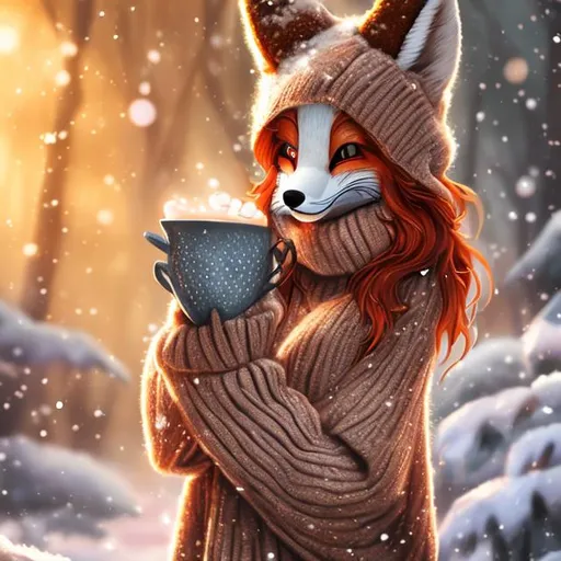 Prompt: An adult female anthro furry fox wearing a cozy winter dress drinking a warm cup of hot cocoa, digital art, dappled light, 8K