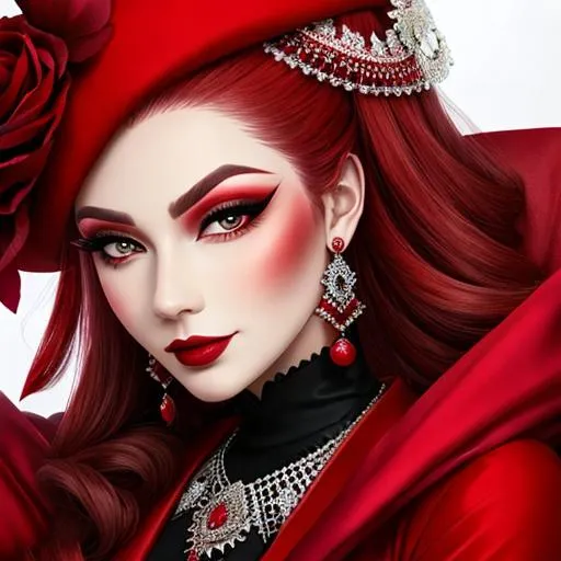 Prompt: Ruby lady, all in red, pretty makeup, elegant, nice clothes, facial closeup