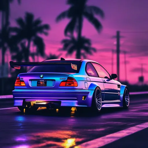 Prompt: 2001 BMW M3 E46 GTR, synthwave, aesthetic cyberpunk, miami, highway, dusk, neon lights, coastal highway, dusk, neon lights, coastal highway, sunset, drift, nurburgring, water on the road, blade runner, 64k, watercolor, macro sharp focus, 8, hyper realistic, cinematic, highly detailed, photoraelistic, clean, metallic, 3d, futuristic