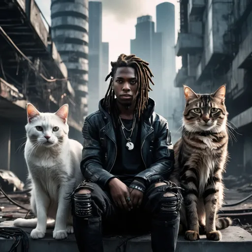 Prompt: Two cyberpunk cats and young man ith dreds. one cat  is black and the second one is white with young man with dreads in post-apocalyptic landscape, highres, ultra-detailed, cyberpunk, dystopia, futuristic, post-apocalyptic, detailed fur, intense gaze, urban setting, industrial, moody lighting, desolate, dystopian, futuristic skyscrapers, ruined city, high-tech, cool tones