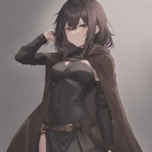 Prompt: female human shadow sorcerer, lean, athletic build and flowing dark brown hair.  She is small bosomed. 

She wears a long cloak made of dark gray wool, adorned with black leather and lined gray fur. Brown undershirt. leather bodice, dark gray skirt. knee-high boots..

 She wears a ring on her right. In her left hand, she carries a dagger. At her side, she carries a small belt pouch.
cemetery background.