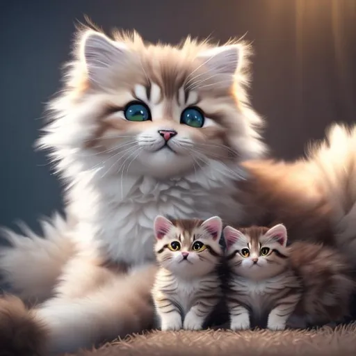 Prompt:  realistic fluffy very cute and eyes calm lighting, highly detailed, fluffy, adorable, beautiful, soft dramatic lighting, light shafts, radiant, ultra high quality render, realistic background, full body mama cat with baby kittens