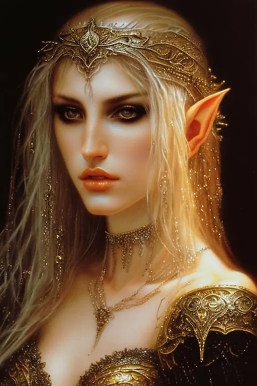 Prompt: "Luis Royo", high quality, beautiful female elf wizard queen, oil painting, Very detailed,  clear visible face,  yellow eyes, big huge yellow eyes, elf ears