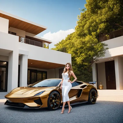 Prompt: portrait photo, 1girl, pretentious, conceited, rich, young woman, long brown hair with blonde fade, luxury clothes, in front of a modern design villa, some sport cars, heavenly beauty, 8k, 50mm, f/1. 4, high detail, sharp focus, cowboy shot, perfect anatomy, arms behind back, sunshine on her face, sunrise, Carne Griffiths, Conrad Roset, highly detailed, detailed and high quality background, oil painting, digital painting, Trending on artstation , UHD, 128K, quality, Big Eyes, artgerm, highest quality stylized character concept masterpiece, award winning digital 3d, hyper-realistic, intricate, 128K, UHD, HDR, image of a gorgeous, beautiful, dirty, highly detailed face, hyper-realistic facial features, cinematic 3D volumetric, illustration by Marc Simonetti, Carne Griffiths, Conrad Roset, 3D anime girl, Full HD render + immense detail + dramatic lighting + well lit + fine | ultra - detailed realism, full body art, lighting, high - quality, engraved | highly detailed |digital painting, artstation, concept art, smooth, sharp focus, Nostalgic, concept art,