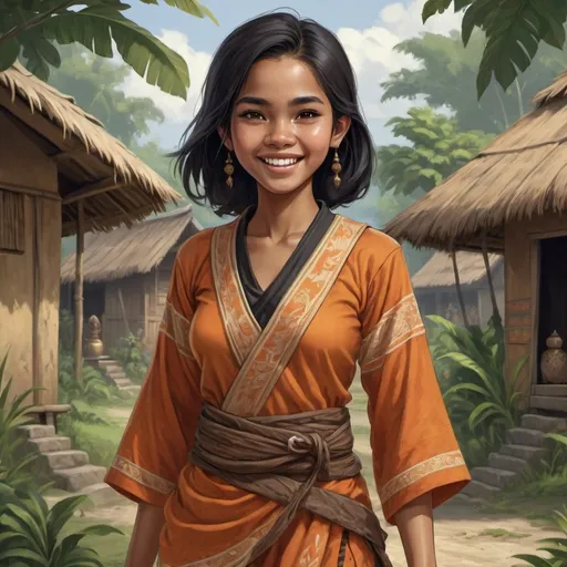 Prompt: Full body, Fantasy illustration of a female indonesian village girl, 17 years old, tawny  orange-brownish skin color, joyful expression, traditional garment, black hair, high quality, rpg-fantasy, detailed, indonesian village background