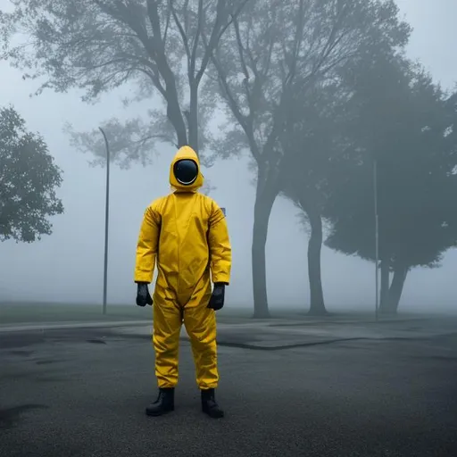 Prompt: Guy in a hazmat suit standing at an empty parking lot at day with fog 