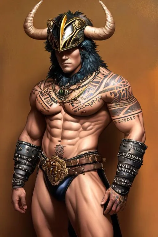 Prompt: oil painting, full body, bare chested strong muscular, male warrior character, has a motocross helmet with two horns without hair and wears a long skirt made of leather and metal without pants, wears gauntlets and armored boots, has some tribal tattoos on his chest and arms