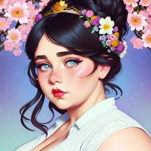 Prompt: cute fat woman with freckles, high bun, flowers in hair, intricate, detailed face, by Ilya Kuvshinov and Alphonse Mucha, dreamy, pastel colors, honey, red lips, blue eyes, sad, eyes bruises, diadem, tiara, sparkles, clear eyes, in another dimension, brazilian plus size model Mayara Russi