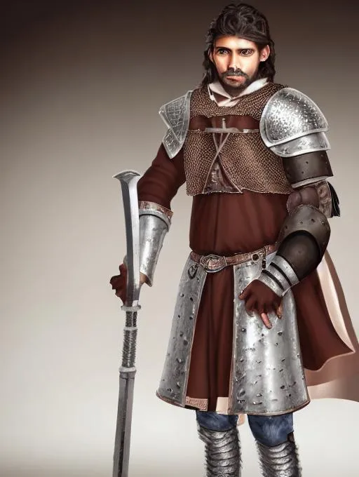 Prompt: A photo-realistic handsome brown male with medium wavy hair falling Infront of one eye, blue eyes, wearing silver medieval armor rimmed with a blue hood at the collar, red hauberk under the armor